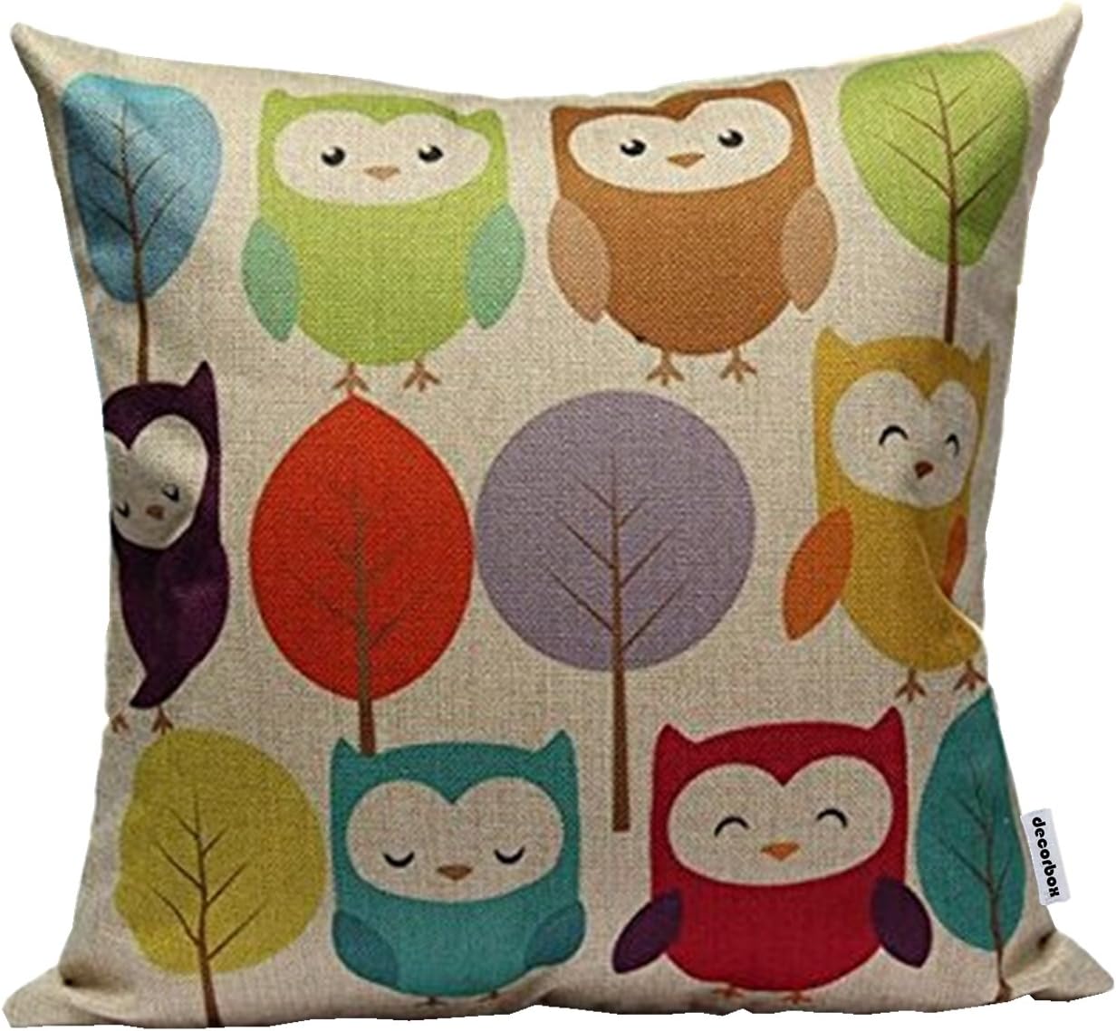 Cotton Linen Square Throw Pillow Case Decorative Cushion Cover Pillowcase Cartoon Cute Owls and Trees 18 "X18 "