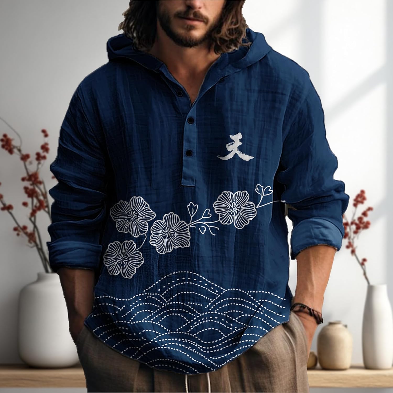 MARSVOVO Japanese Style Hooded Shirts for Men Long Sleeve Quarter Button Daily Light Weight Hoodie for Spring Fall - Image 2
