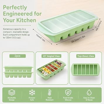 2 Pack Souper Cubes Silicone Freezer Tray, 1/2 Cup/125 mL Silicone Freezer Moulds with Lid, Soup Freezer Containers, Portion Freeze Trays for Storing 125mL/62.5mL Broth Leftovers Sauce, Avocado Green
