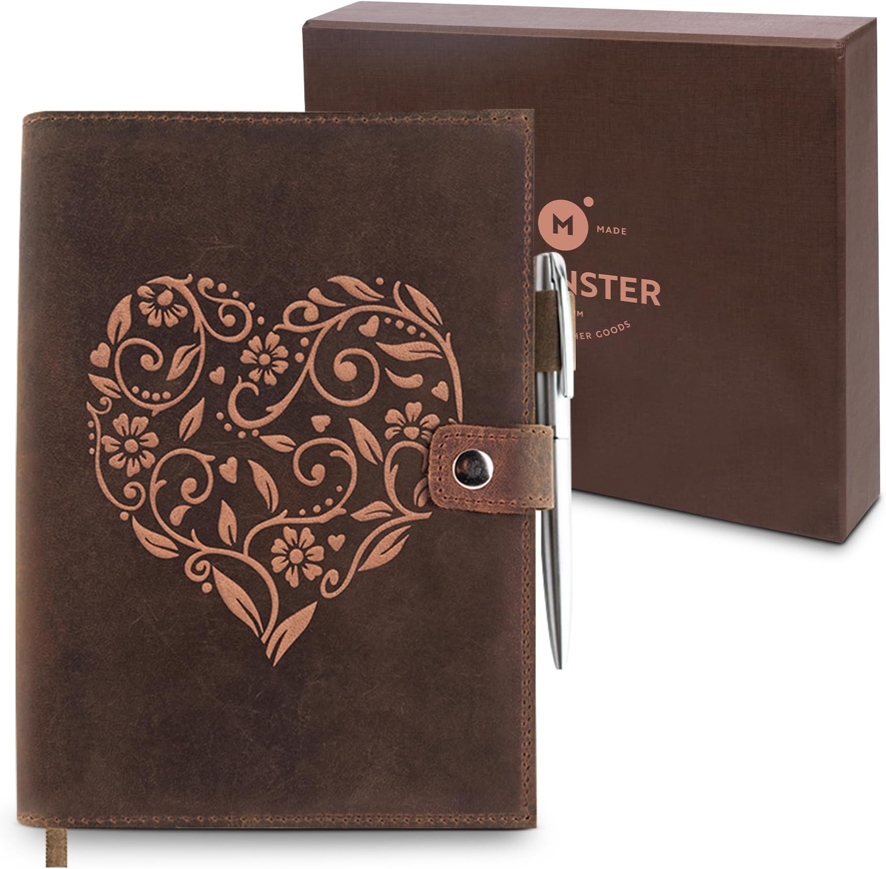 Vintage Refillable Leather Journal Notebook for Journaling – Handmade Leather Bound Writing Journal with Heart Embossing, Includes A5 Lined Paper & Silver Pen – Notebook for Women & Men