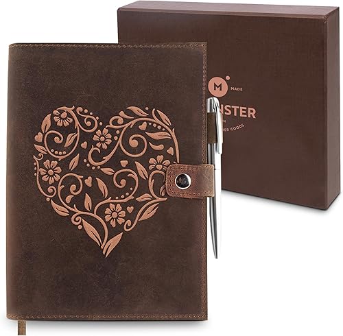moonster Refillable Leather Journal Embossed Heart Shape Cover Design Journals with Pen – Milled A5 Leather Journal Lined Paper - Journals for Women
