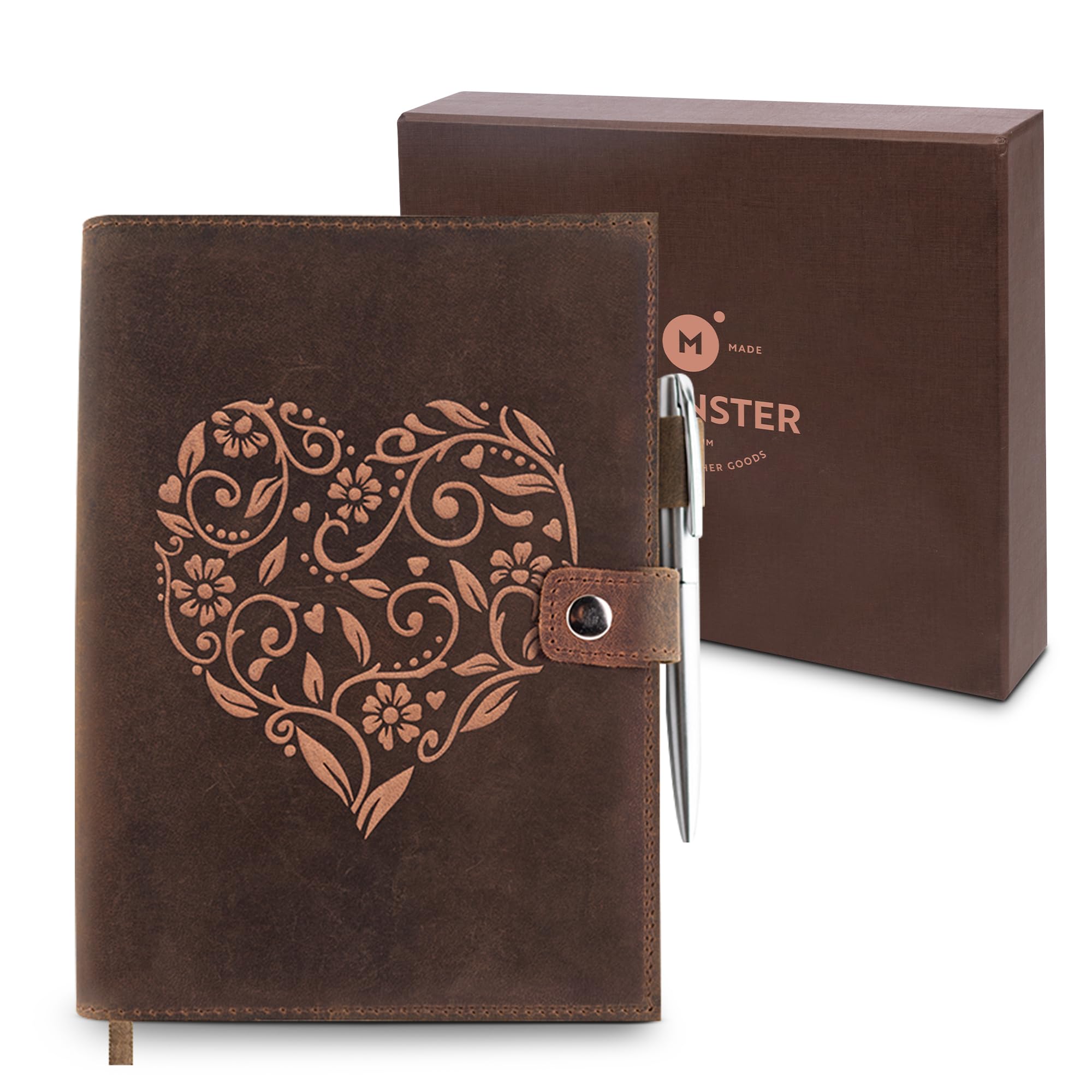 moonster Refillable Leather Journal Embossed Heart Shape Cover Design Journals with Pen – Milled A5 Leather Journal Lined Paper - Journals for Women – Leather Vintage Journal - 320 Pages