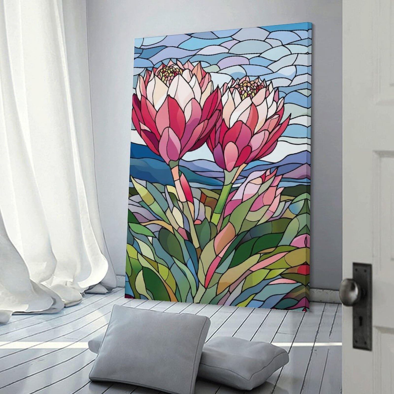 Junmoney Stained Glass Proteas Canvas Wall Decor 24x36inch(60x90cm), for Feature Walls in Flats Or Modern Rooms, Decorative Artwork with Flexible Styling
