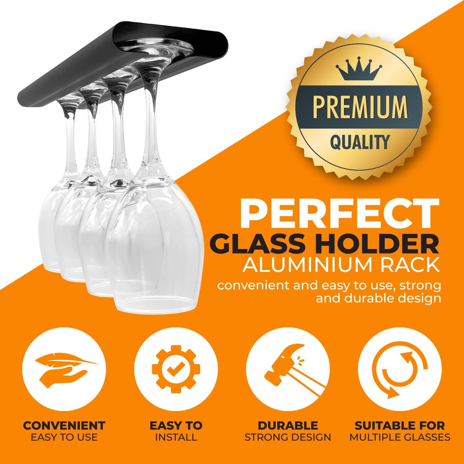 Aluminum Wine Glass Rack 4 Pack Black, Under Cabinet Wine Glass Holder, Under Shelf Mounted Stemware Rack for Kitchen, Bar, Living Room