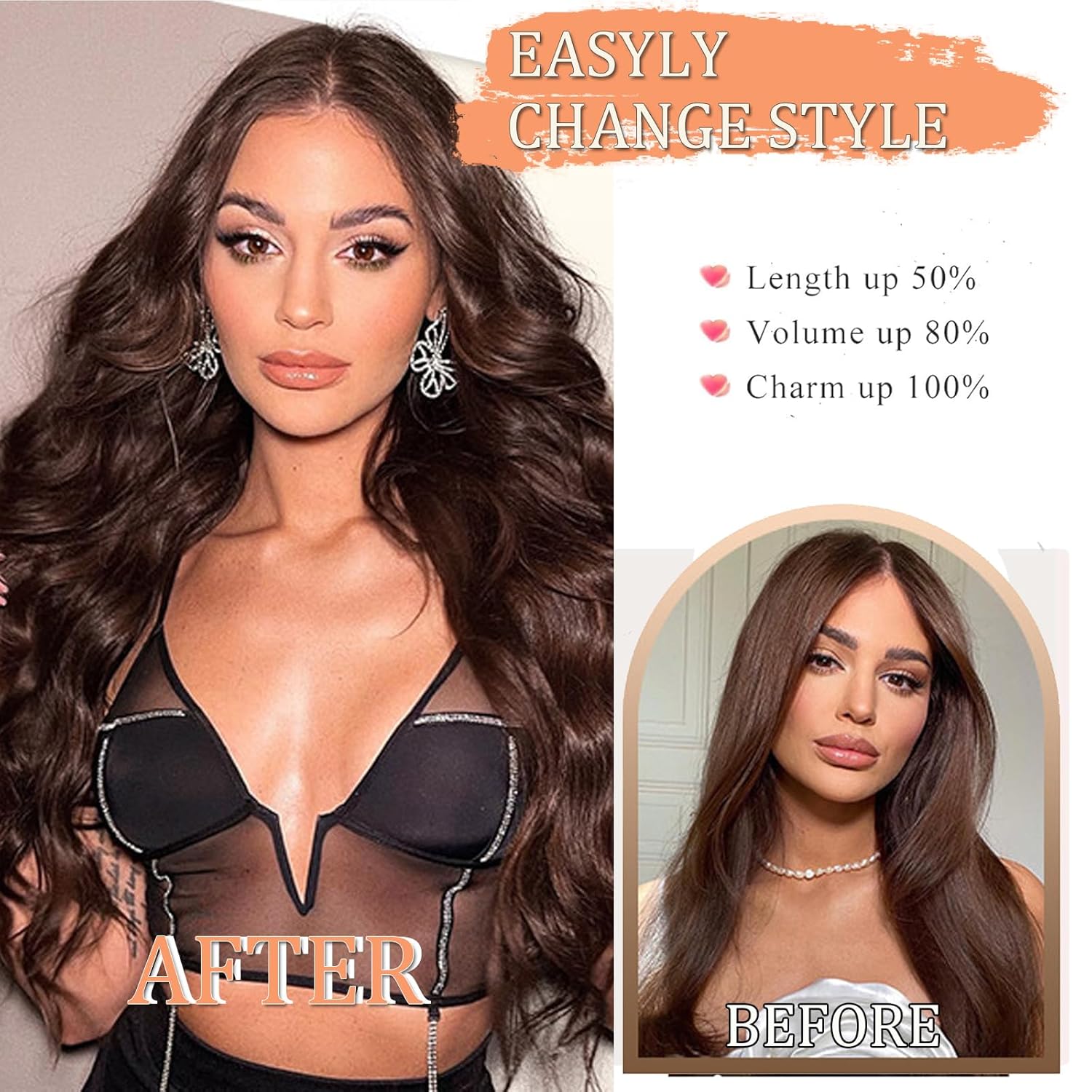goodear 13X6 Lace Frontal Chocolate Brown Wig for Women, Long Wavy Lace Hairline Middle Part Synthetic Heat Resistant Wig for Daily Party-24 Inch