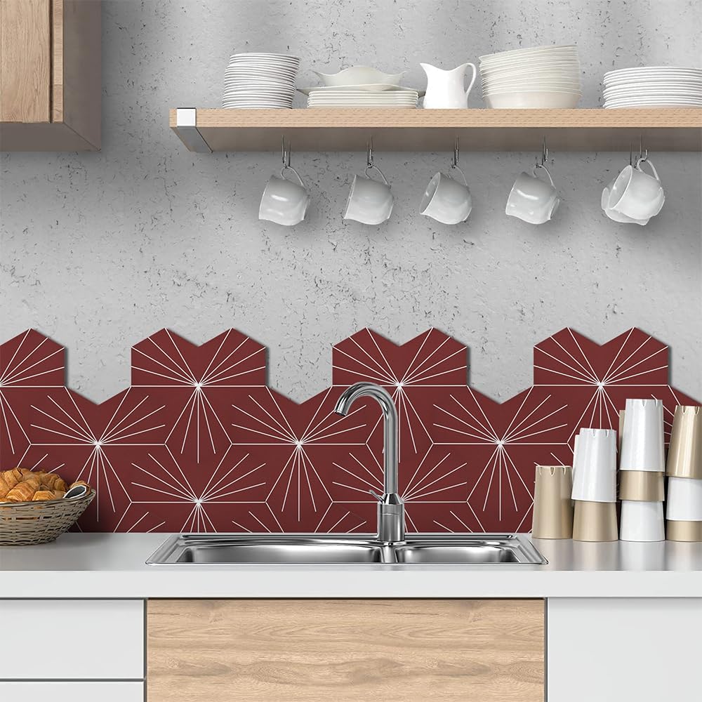 AULIGET Flower Vintage Hexagon Tile Peel and Stick Backsplash, 6"x7" Self Adhesive Wall Tiles in Red (Pack of 45)