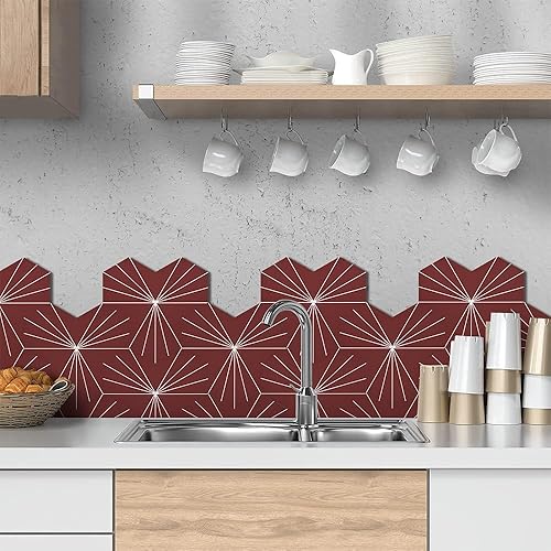 Miniatura 2 de AULIGET Azulejos hexagonales vintage de flores para despegar y pegar, azulejos de pared autoadhesivos de 6 x 7 pulgadas en rojo (paquete de 45)