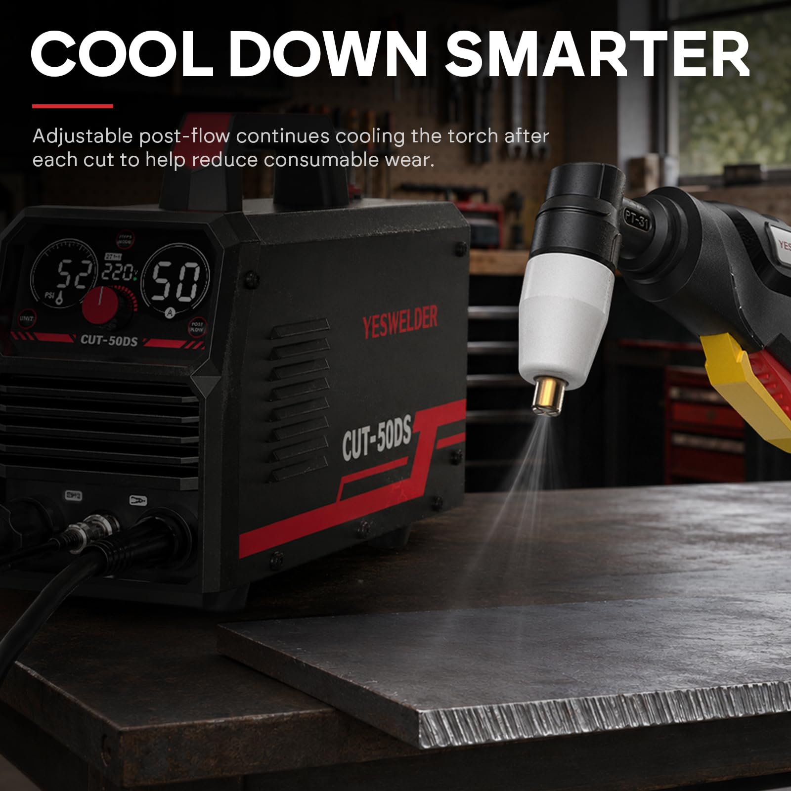 YESWELDER CUT-50DS Plasmaschneider, 50 Amp Air Power Großes Digitaldisplay 110/220 V Dual Voltage IGBT Inverter Plasmaschneidmaschine