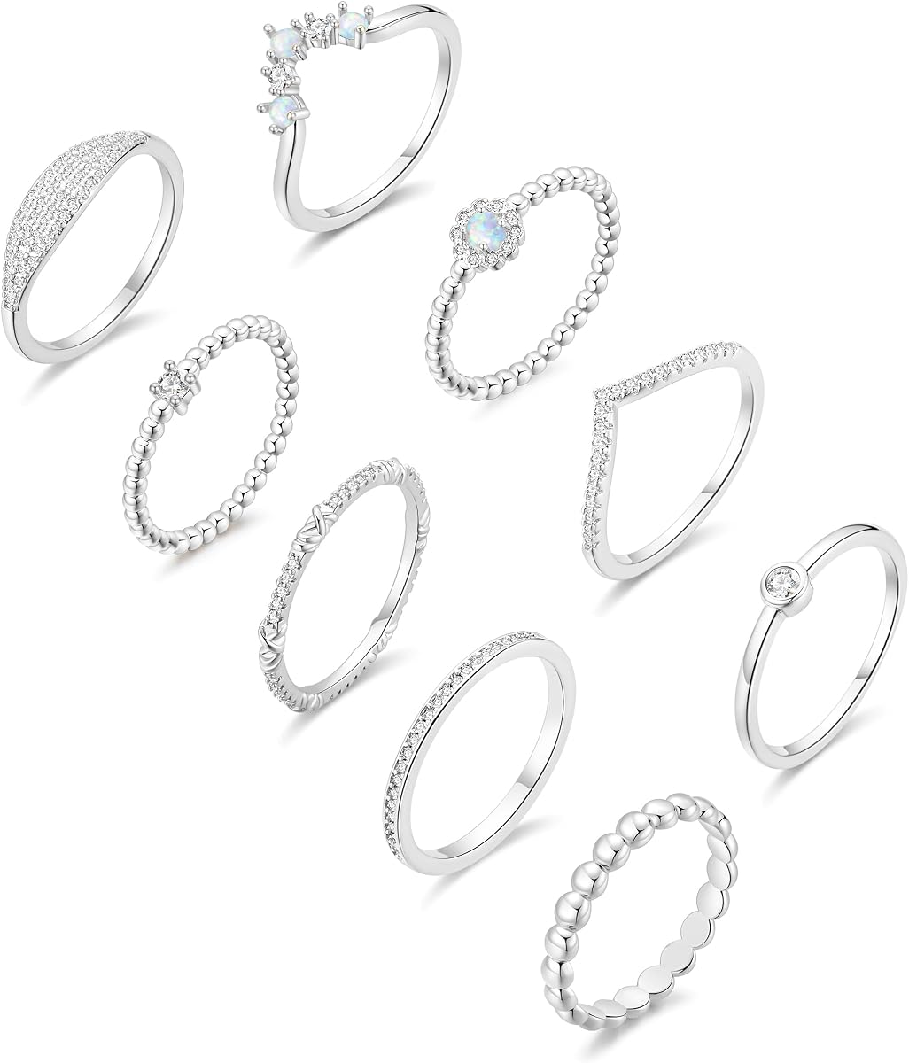 14K Silver Plate Stacking Rings Set for Women V Opal Flower CZ Rings Simple Thumb Thin Stackable Rings Silver Statement Rings Plain Band Size 4-11