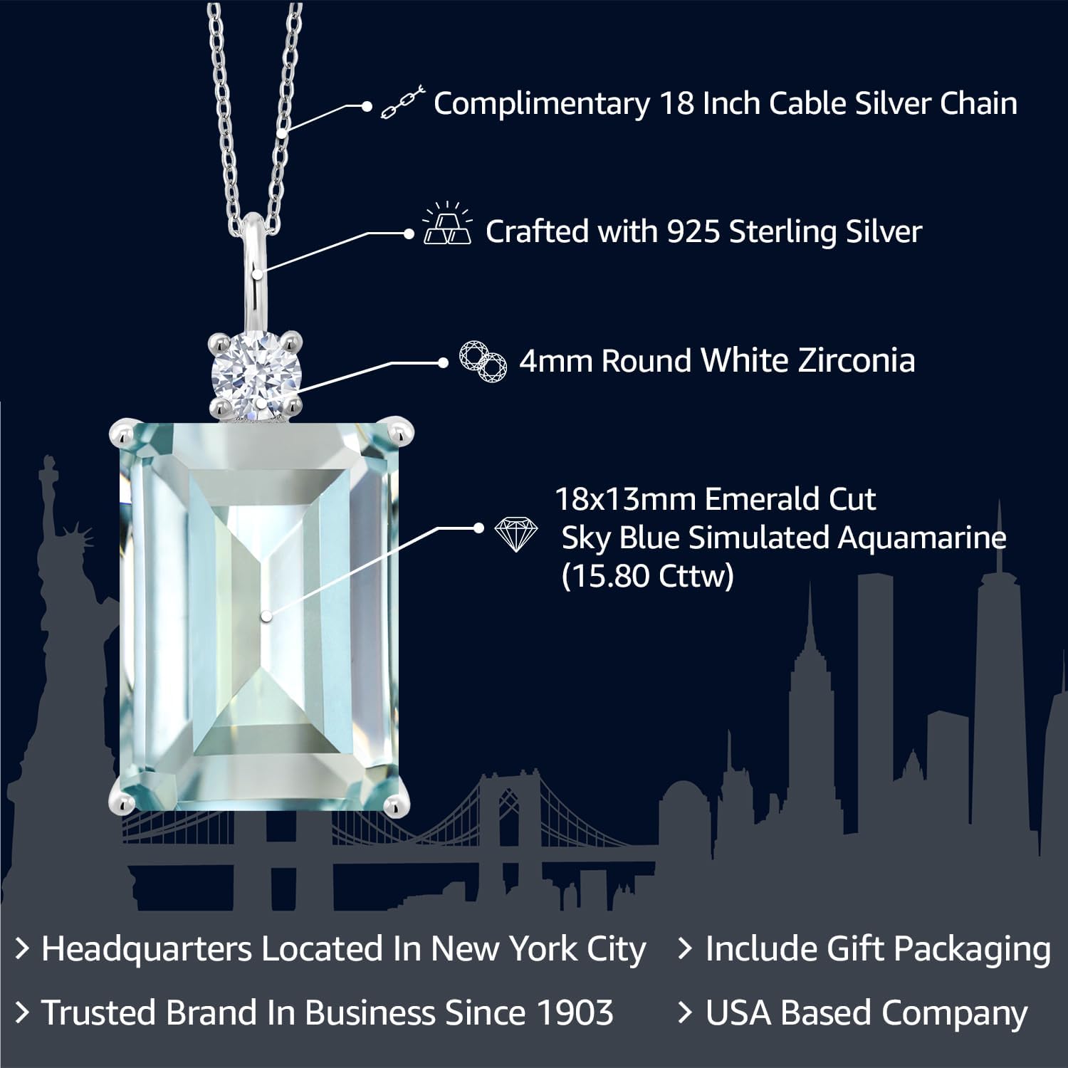 Gem Stone King 15-20 Cttw Gemstone Birthstone Pendant Necklace for Women | 925 Sterling Silver | Emerald Cut 18X13MM and Round 4MM | With 18 Inch Chain | Fine Jewelry for Her Mom Wife - Image 2