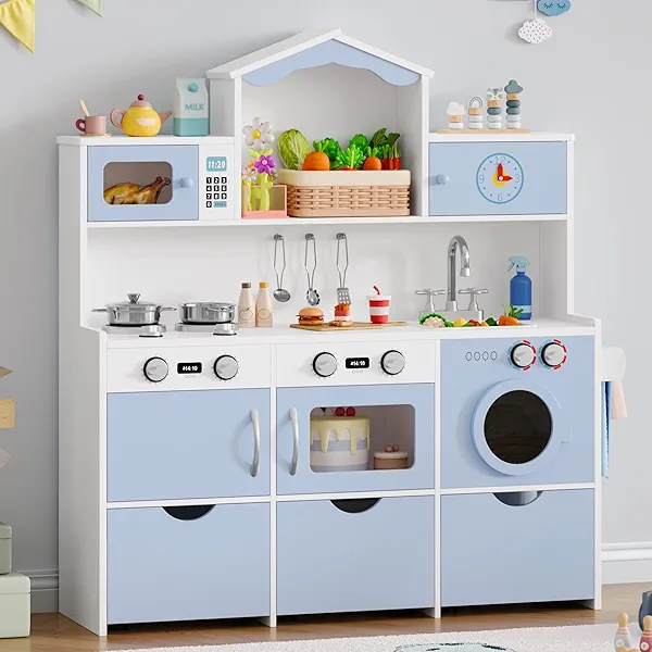 Keyluv Wooden Play Kitchen for Kids and Toddler, Montessori Toy Kitchen Playset with Plenty of Pretend Play Features and Storage Drawers, Gift for Boys and Girls, Blue