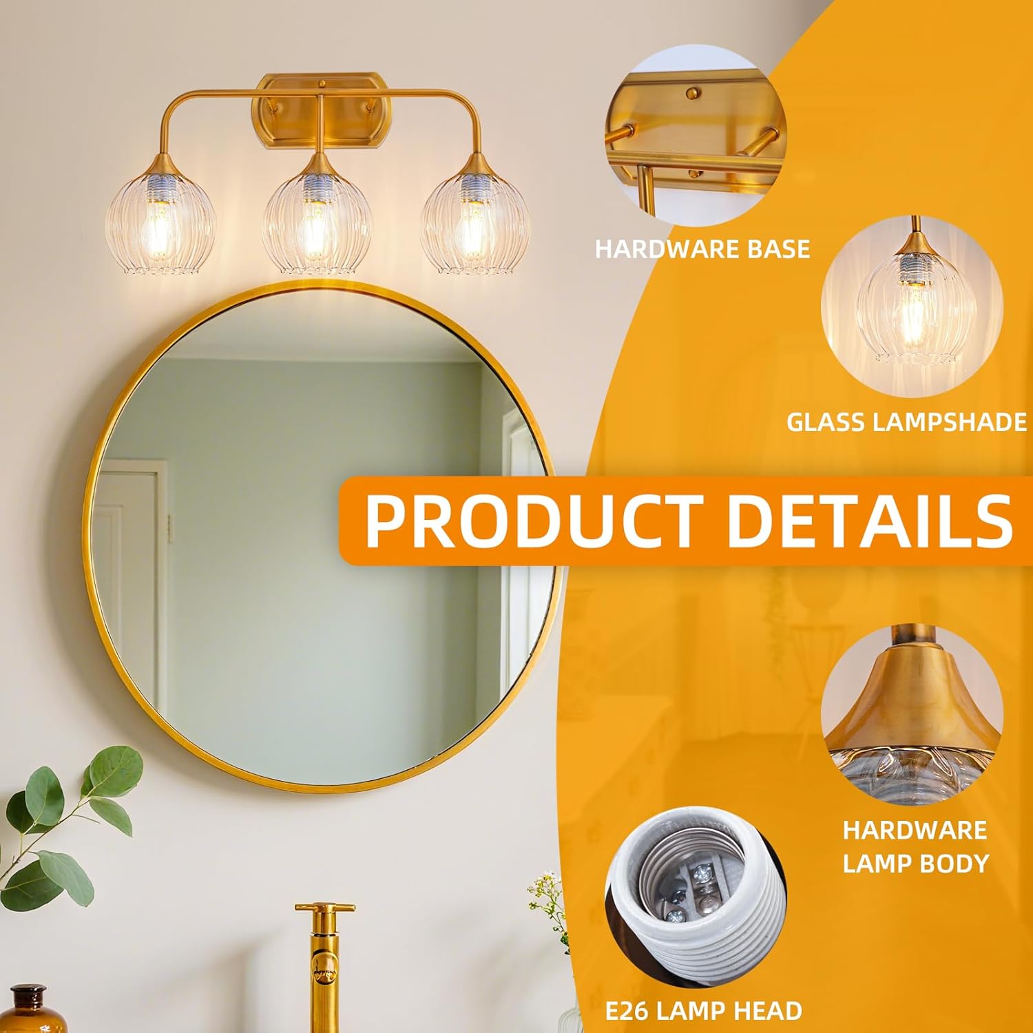 MantoLite Vintage Bathroom Light Fixtures, 20" Modern 3-Vanity Lights with Clear Glass Shade, Bathroom Wall Lamp for Mirror Kitchen Living Room Antique Bronze（Bulb not Included）