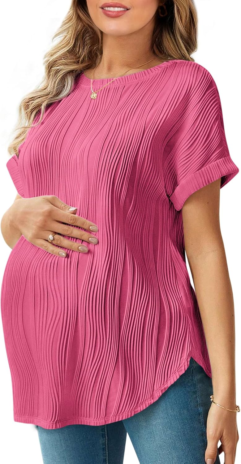 Womens Maternity Shirts Casual Textured Short Sleeve Crew Neck Spring Summer Pregnancy Tops S-XXL - Image 2