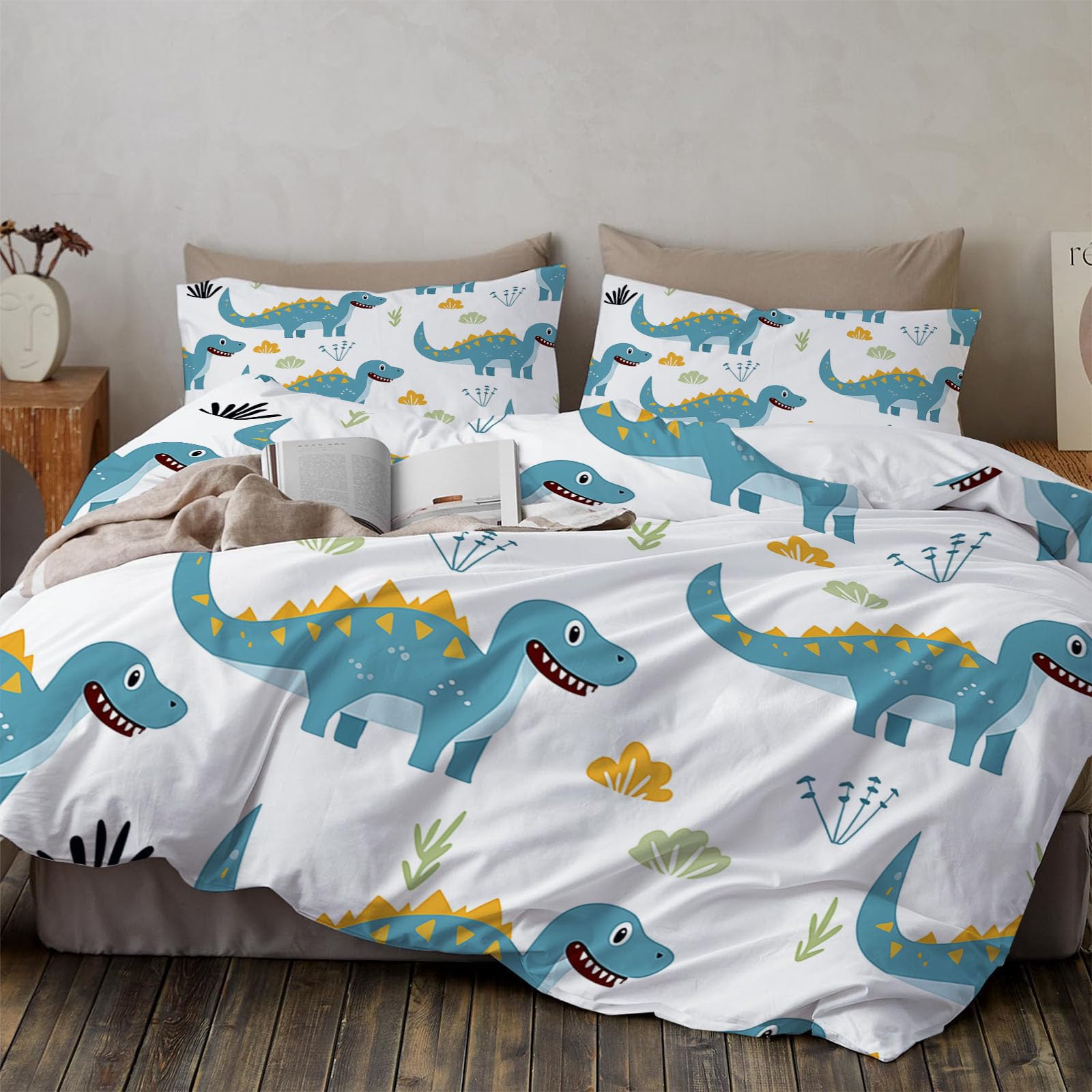 Parure de lit 220x240cm dinosaure avec housse de couette et 2 taies 65x65 cm