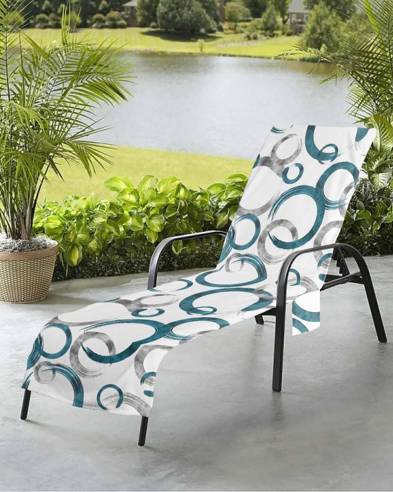 Geometric Teal Beach Chair Towel Covers for Chaise Lounge with Side Pocket, Soft Plush Pool Towels Cover for Patio Sunbathing Outdoor 29''x85'' Modern Abstract Painting Circles Gray