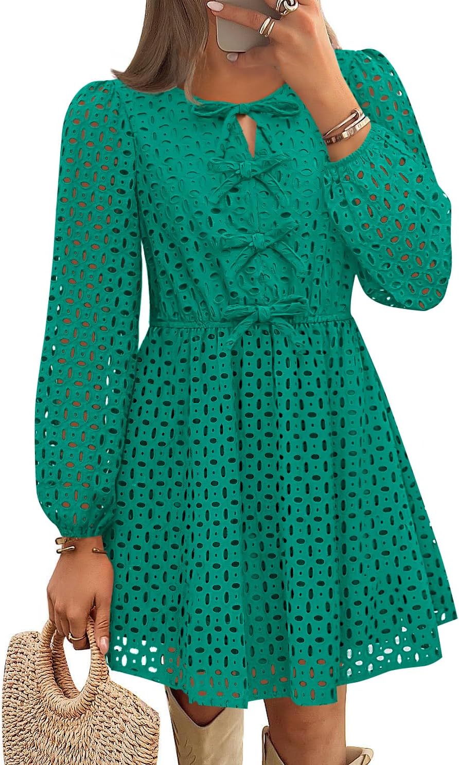 ZESICA Women's Long Sleeve Mini Dress 2025 Fall Crewneck Tie Front Hollow Out Eyelet Babydoll A Line Short Dresses