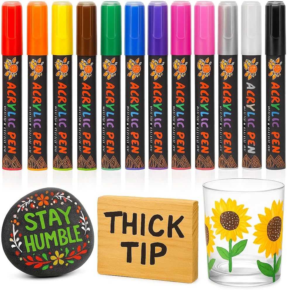 Acrylic Markers 12 Pack – Thick Paint Pens for Kids and Adults, Glass, Rock, Ceramic, Wood | 6mm Waterproof Acrylic Paint Pens for Window Art, Fabric | Kids B Crafty