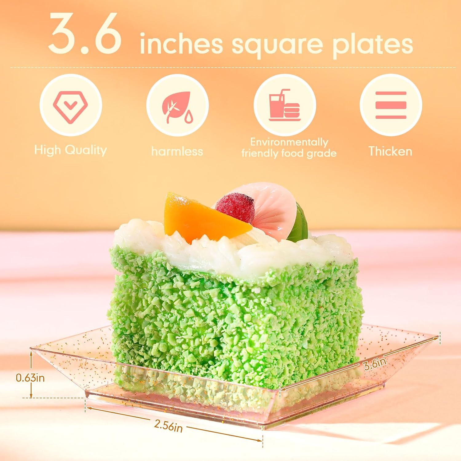 Zhehao 100 Pcs Plastic Dessert Appetizer Plates Disposable, 3.6 x 3.6 Inch Small Square Plastic Dessert Cake Snack Plate for Wedding Birthday Bridal Baby Shower All Occasion Party (Gold Clear)