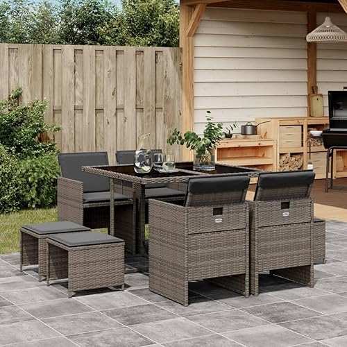 9 Piece Grey PE Rattan Garden Dining Set, Stackable Outdoor