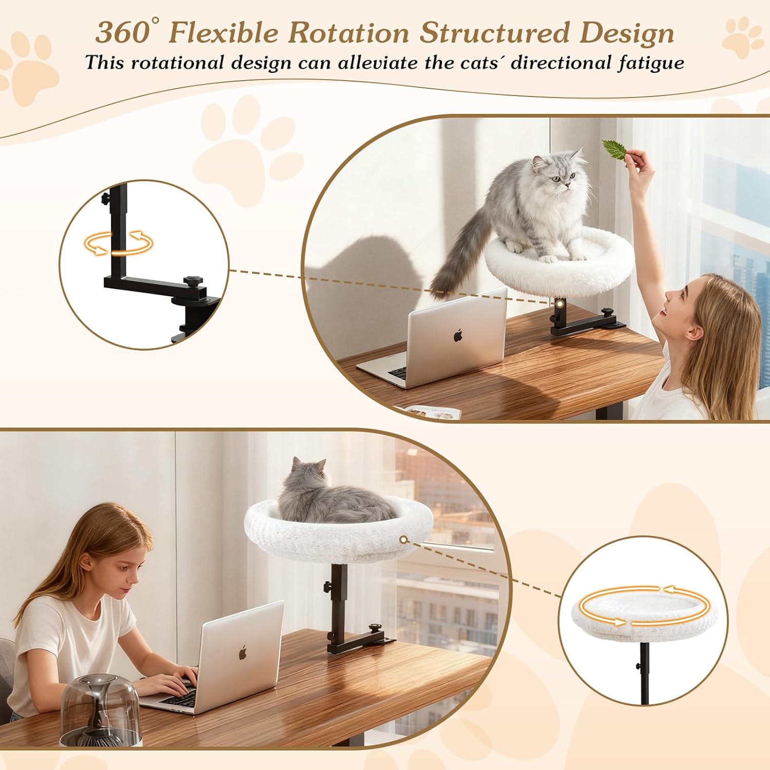 VERIFOST Adjustable Cat Desk Bed, 360° Rotatable Elevated Desk Cat Bed for Home Office, Space-Saving Design Table Supports Up to 60 lbs, Soft Faux Fur Bed with Removable Washable Cover (Beige)