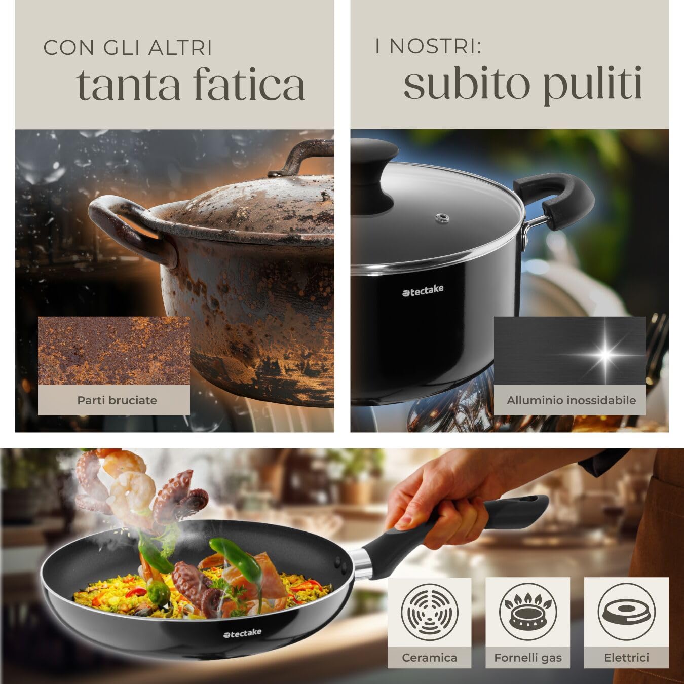 tectake®, Set cucina completo, 45 pezzi, set servizio piatti per 6 persone, per microonde, moderni, 6 ciotole, tazze, 18 piatti eleganti, 2 pentole, casseruole, padelle antiaderenti, coperchi - Nero