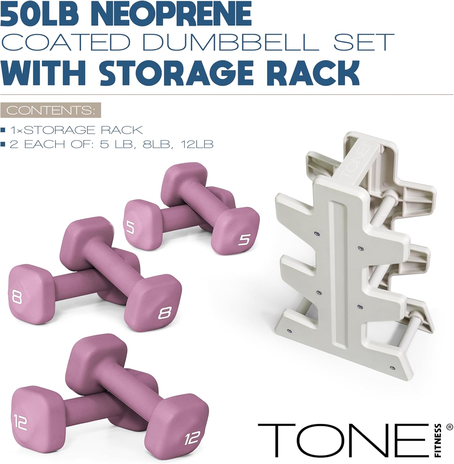 Tone Fitness Neoprene Dumbbell Set with Storage Rack – Non-Slip, Anti-Roll Hand Weights for Home Gym Workouts | 20 lb, 32 lb, 50 lb, 60 lb & 100 lb Options