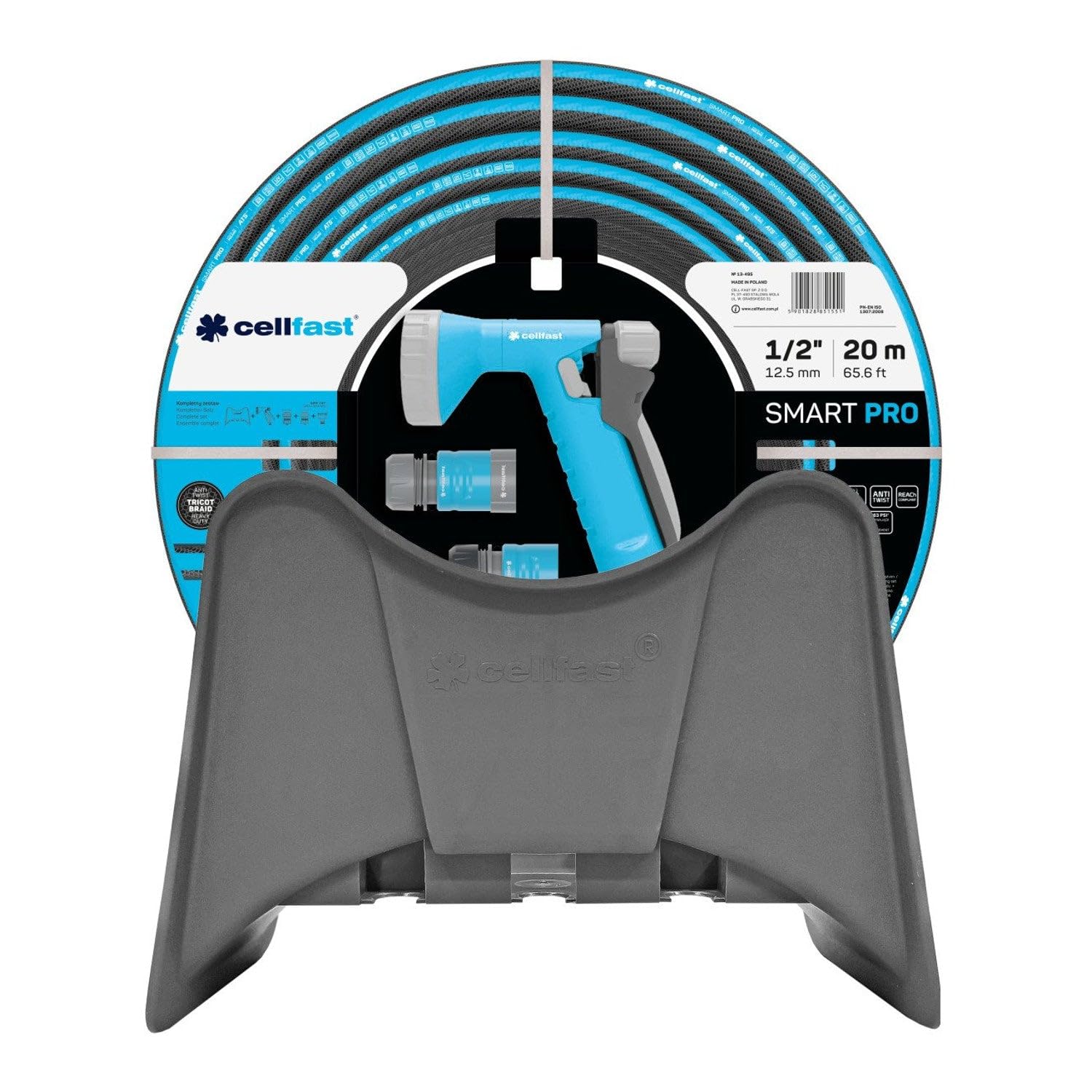 Cellfast Smart Pro ATS 1/2" 20m Juego de Manguera de Jardín con Soporte de Pared, Manguera de 4 capas 1/2", Pulverizador de Pistola, 2x Conector Rápido, Conexión Universal con Rosca Hembra