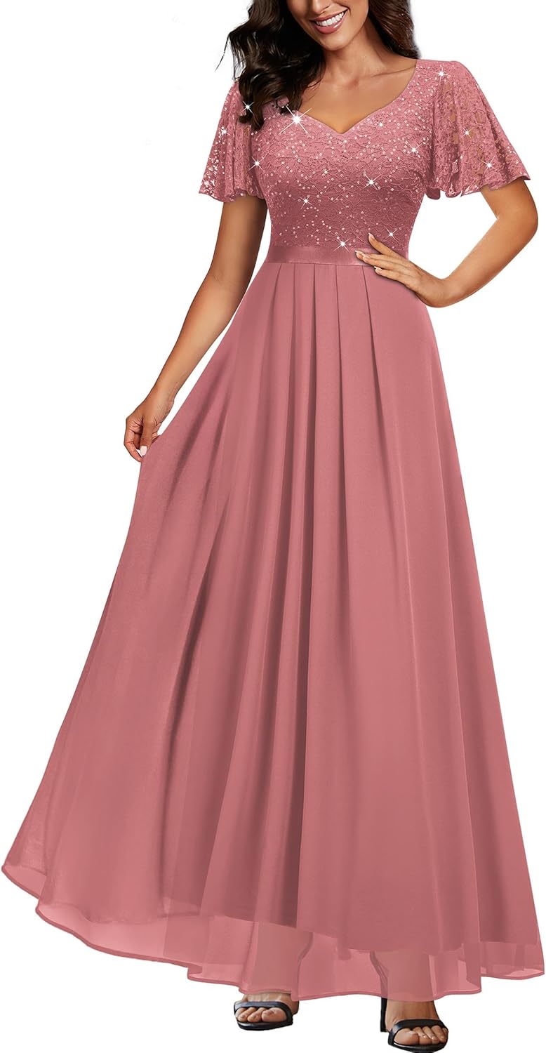 Miusol Women's Retro V-Neck Ruffle Sleeve Sequined Floral Lace Bridesmaid Party Maxi Dress