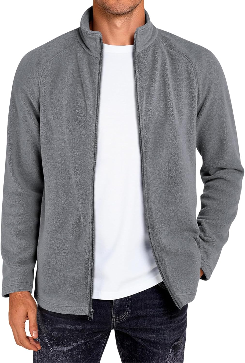 Runcati Mens Fleece Jacket Full Zip Lightweight Stand Collar Warm Jackets Casual Outdoor Windproof Coat with Pockets