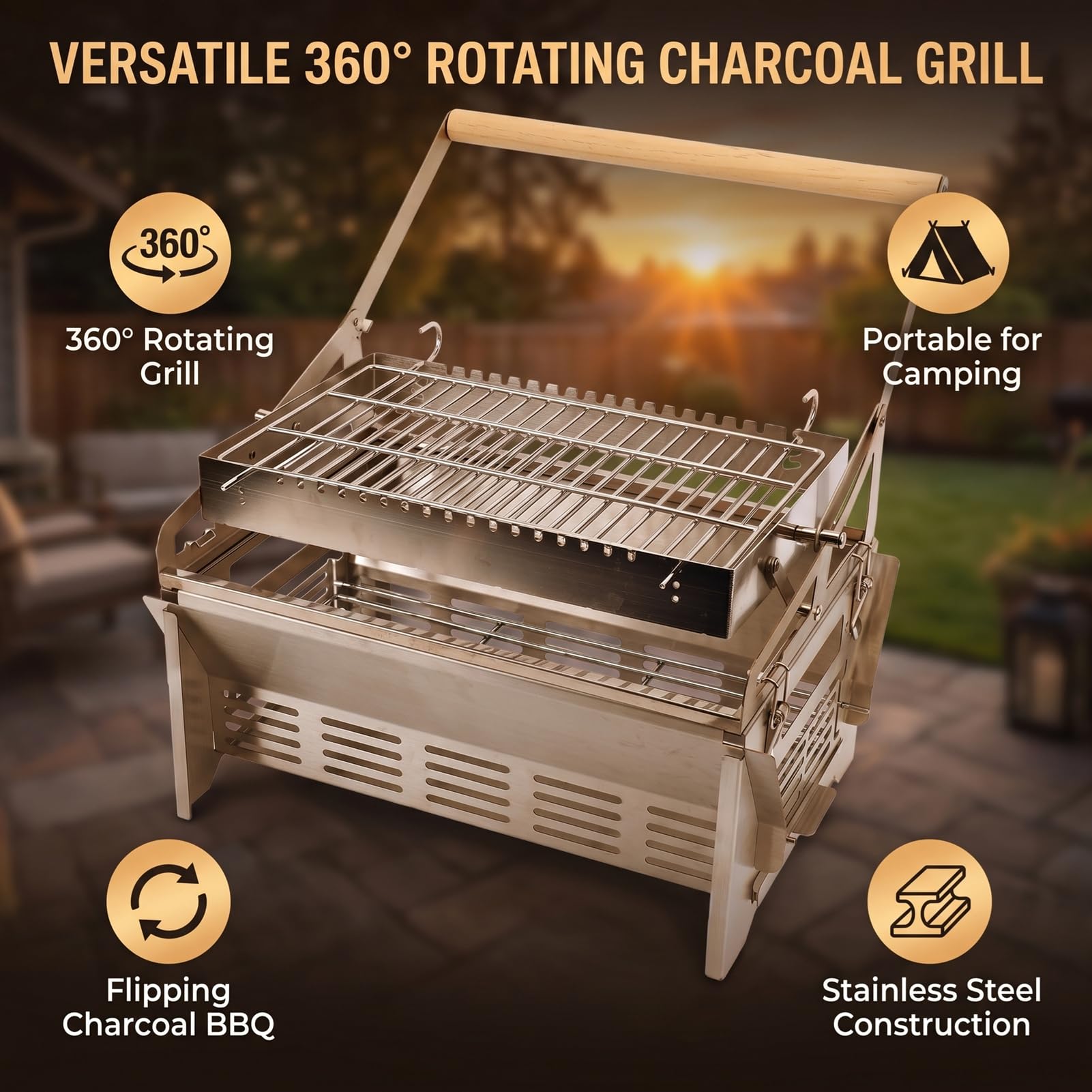 Fdit Obrotowy Grill, Odwracany Grill Węglowy ze Stali Nierdzewnej Przenośne Narzędzie do Grillowania na Piknik Kempingowy Yard Party Gotowanie na świeżym Powietrzu