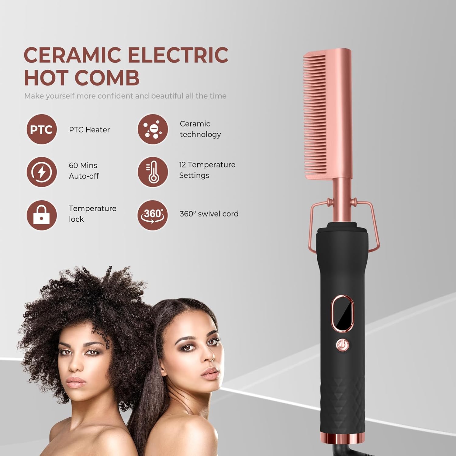 Hot Comb,Electric Hot Comb for Wigs Human Hair with 12 Temp Settings,110-240V Straightening Comb for Black Hair,Heating Up to 450°F Pressing Combs - Image 2