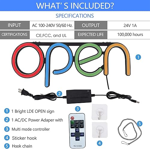 Miniatura 5 de Letreros LED para negocios, texto en inglés open (abierto), 16 x 6 pulgadas, pantalla brillante de neón para interiores, con modos intermitentes o