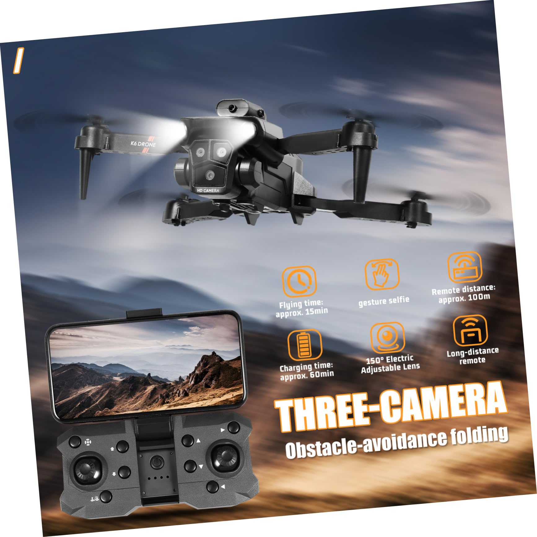 Drone Quadricottero Pieghevole Max con Tripla Camera HD | Lente Elettrica Regolabile 150°, Avvio con Tocco e Controllo App, Batteria 1800mah 3,7v, Abs Nero
