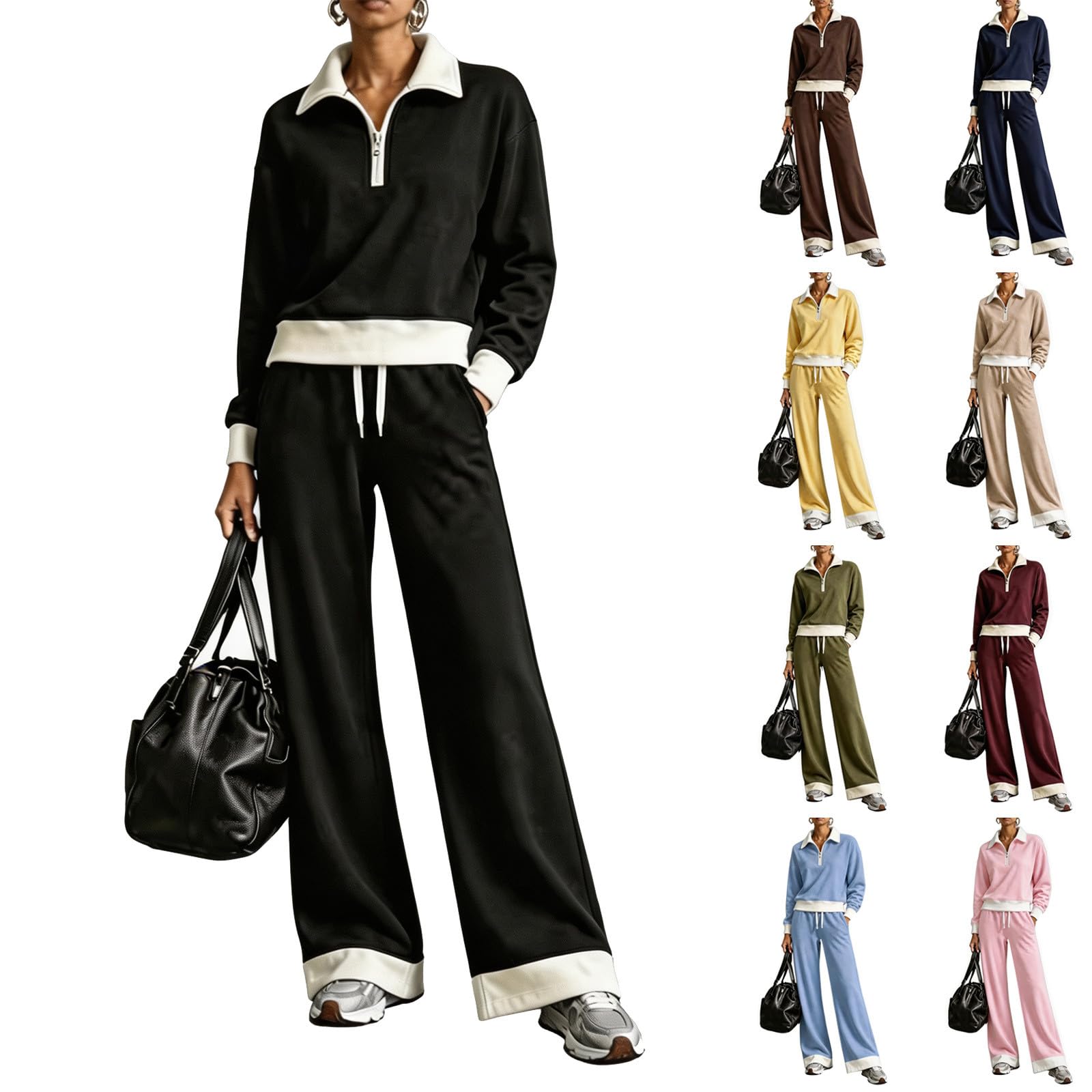 Houjibfa 2 Piece Sweatsuits For Women Color Block Tops Wide Leg Pants Set