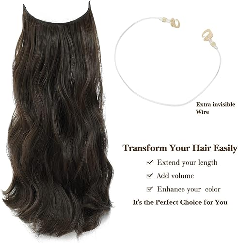Miniatura 2 de Extensiones de cabello de alambre invisible largo ondulado con diadema transparente tamaño ajustable 2 clips línea de pez extensiones sintéticas