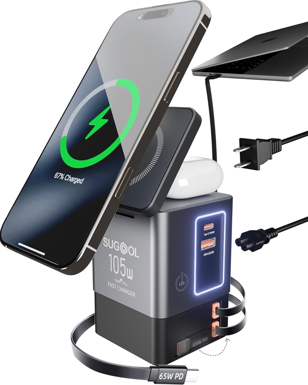 Retractable Charger with Wall Plug, 105W GaN 6-in-1 Charging Station with Magnetic Pad – MagSafe Compatible USB-C/Type-C Fast Charging Charger for iPhone, AirPods, MacBook