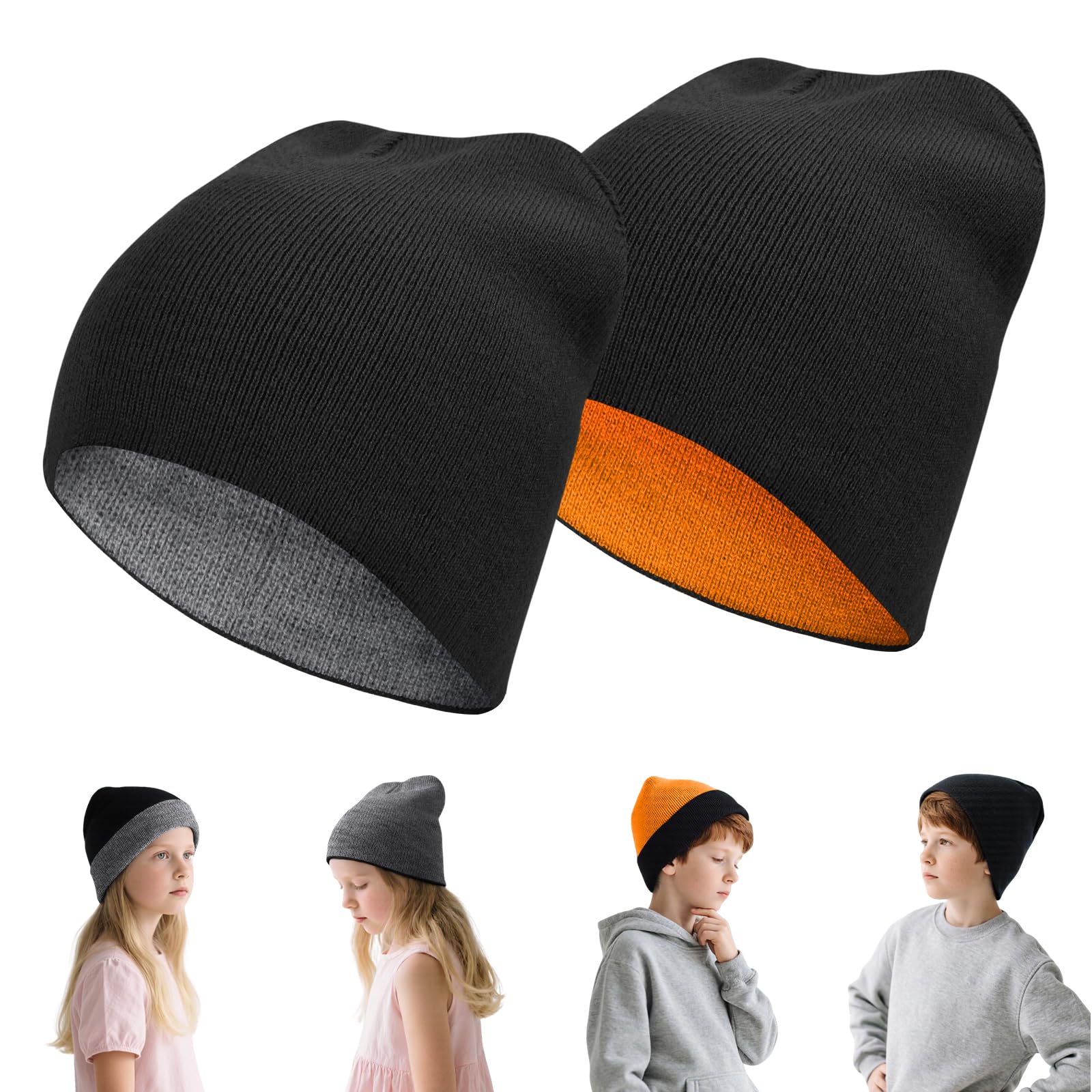 Rosoz Kids Reversible Skull Beanie for Boy Girl, Kids Winter Warm Beanie