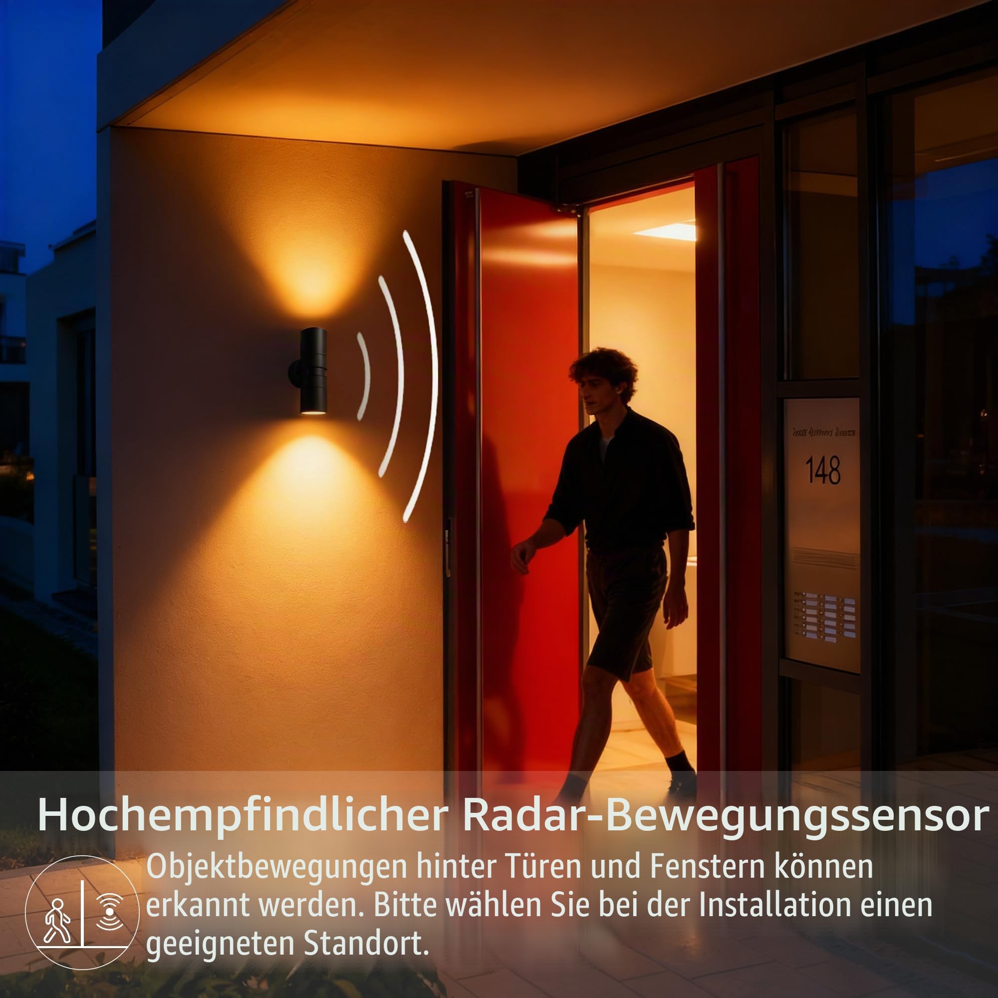 JNR Außenlampe mit Bewegungsmelder und Fernbedienung, Schwarz 2 Pack | Einstellbarer Bewegungsmelder Dämmerungssensor, IP54 Wasserdichte 230V Edelstahl Aussenlampe, 2*5W GU10 3000K LED Glühbirne