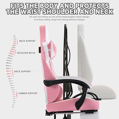 Miniatura 5 de Silla ergonómica de cuero para juegos con reposapiés, bonita silla de juegos rosa con cómodo reposacabezas y soporte lumbar para adultos, mujeres y