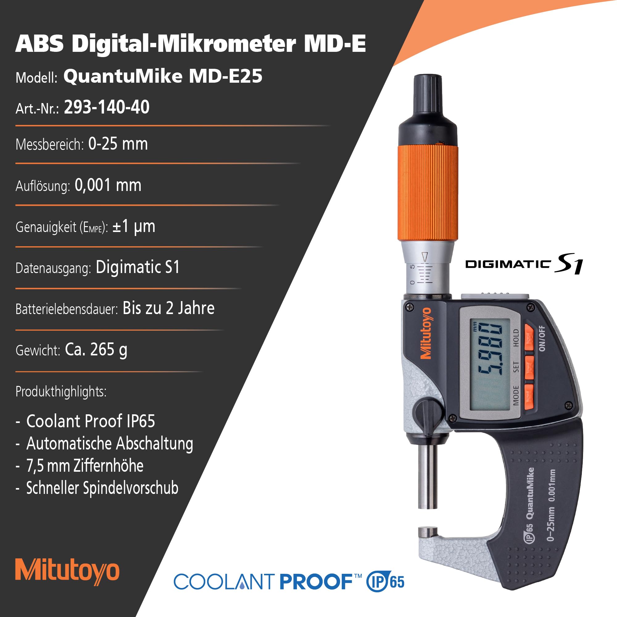 Mitutoyo 293-140-40 ABS Digital-Mikrometer MD-E25, 0-25 mm | 0,001 mm, bidirektionale Daten, IP65