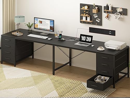 TVU Escritorio de 95" para 2 personas con 8 cajones, escritorios grandes para oficina en casa con tomas de corriente, estación de trabajo en forma