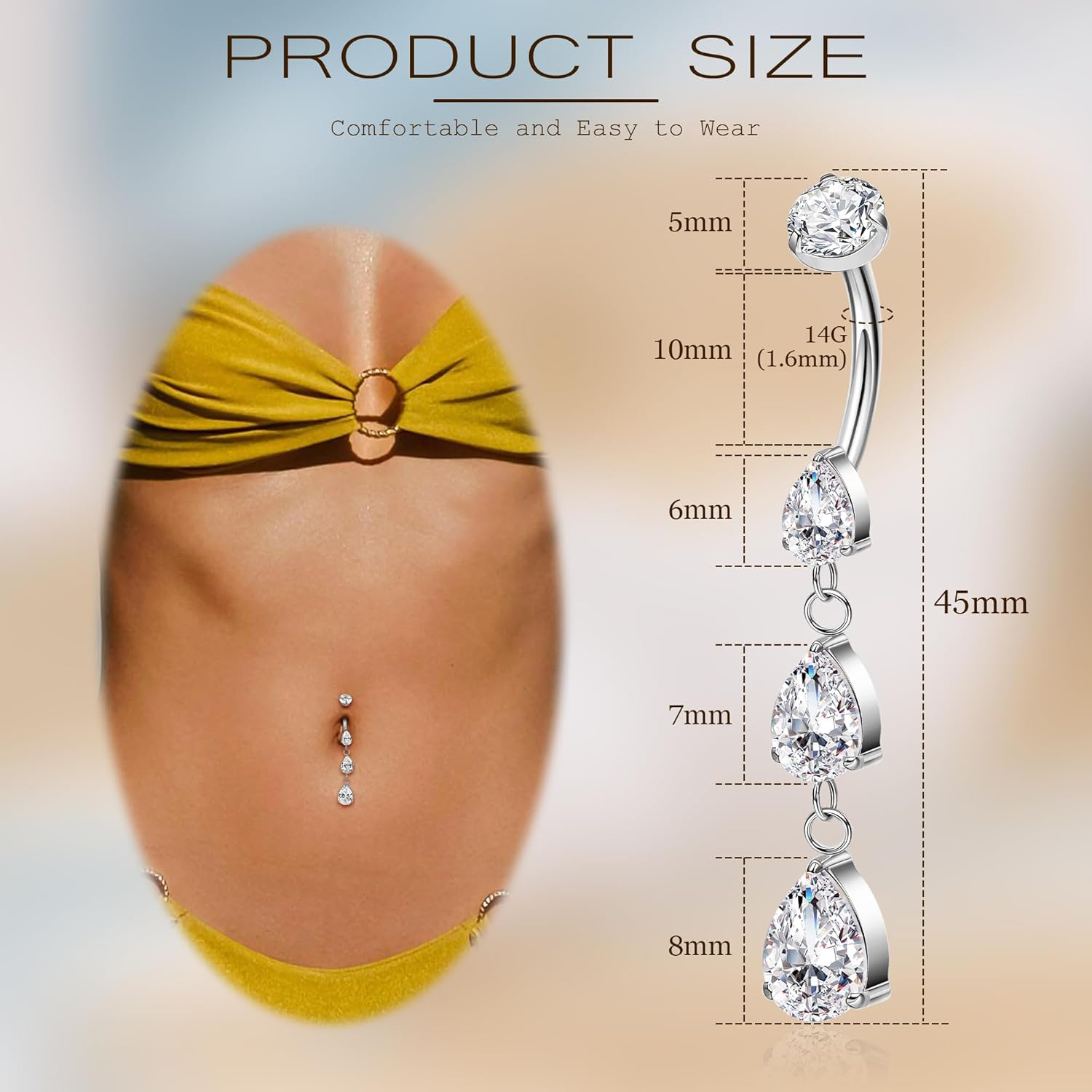 14G G23 Pure Titanium Dangle Belly Button Ring for Women Teardrop Belly Ring Barbell Dangling Clear CZ Navel Ring Hypoallergenic Navel Body Piercing Jewelry 10mm - Image 3