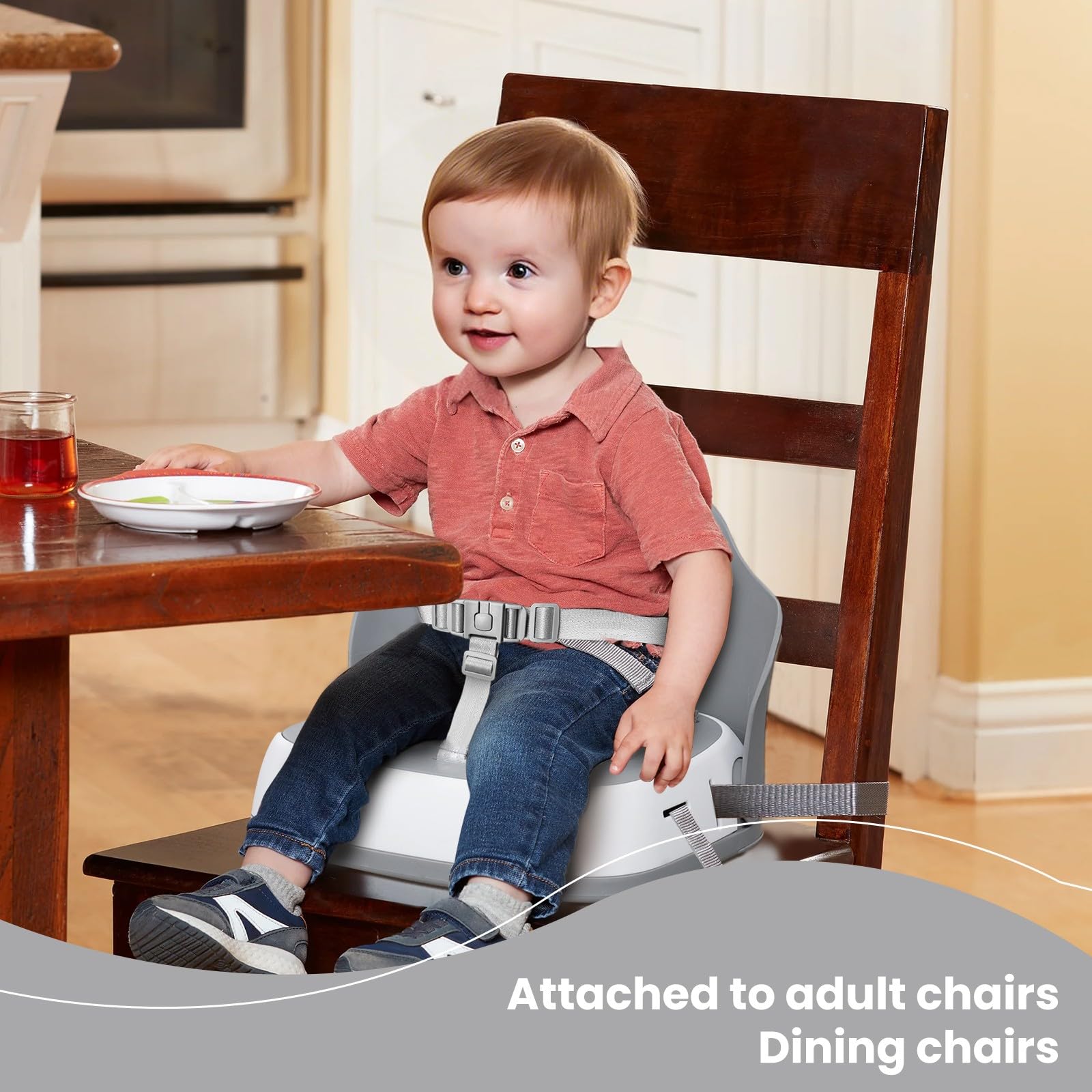 UBRAVOO Asiento Elevador, Cojín Elevador Portátil, Triple Fijación, Asa de Transporte Plegable Portátil, Adecuado para Niños de 6 a 36 Meses (Gris-2)