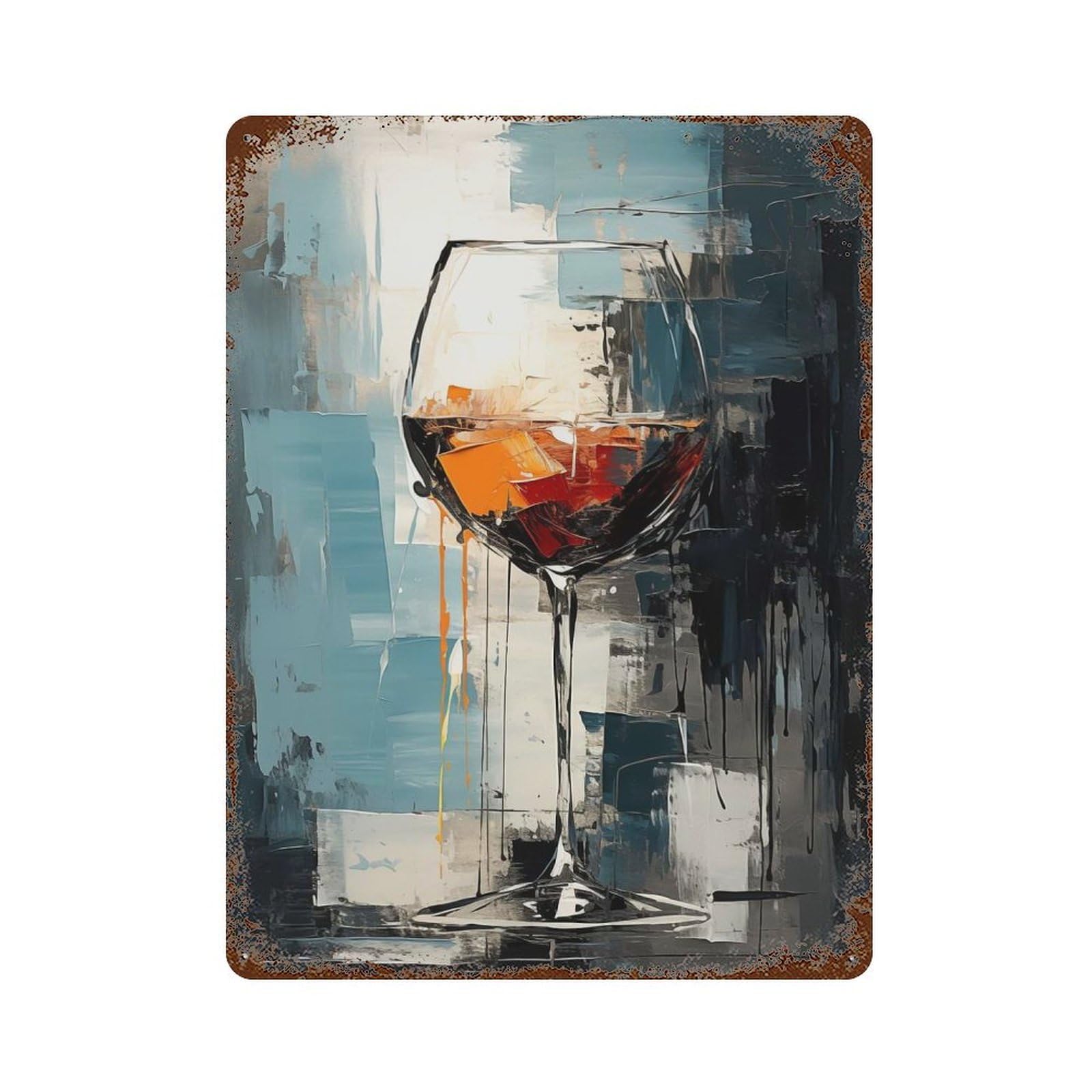 Rust Effect Glass of Wine Aged Metal Wall Plaque 15.7"x11.8", Farmhouse Wall Decor for Office, Studio And Wall Decor