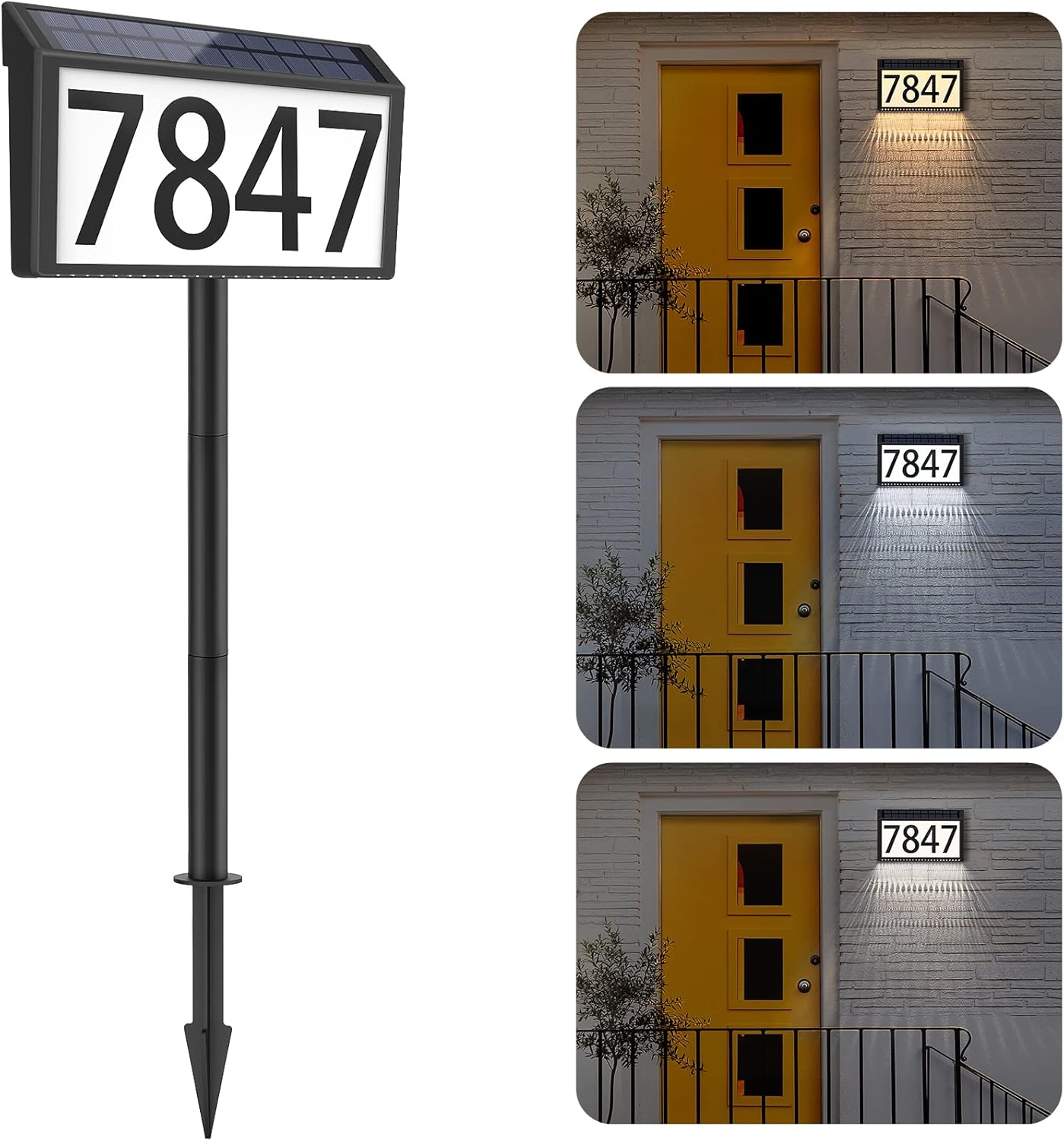 MAXvolador Solar Powered Address Sign House Numbers Waterproof, 3-Color Lighting Modes LED Illuminated Address Plaque with Stakes, Outdoor Address Number 1
