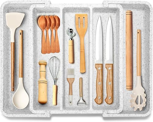Organizador de cubiertos expandible extragrande, sin BPA, apto para alimentos, organizador de cajones de utensilios de cocina, soporte ajustable