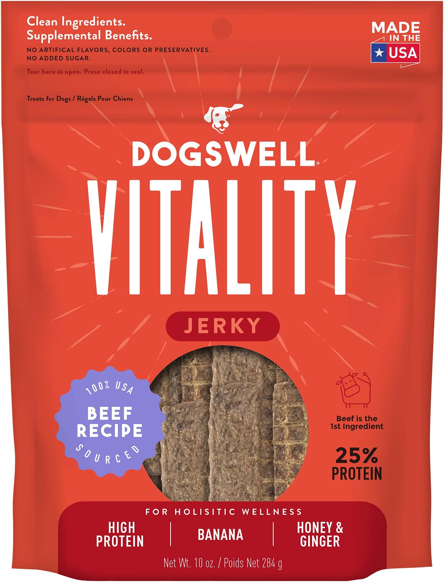 Dogswell Vitality Beef & Banana Jerky - Meaty Dog Treats with Banana, Honey & Ginger to Support Overall Health & Vitality - 10 oz.