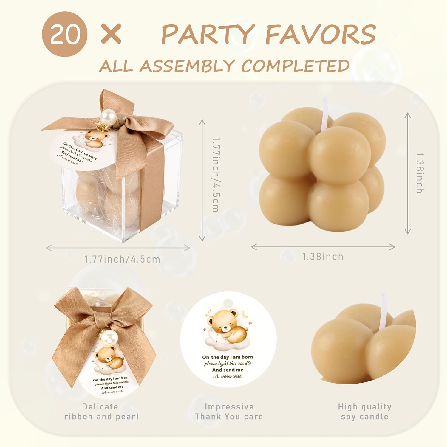 20 Set Fully Assembled Small Bubble Candles Elegant Baby Shower Favors Bulk Set with Decorative Ribbons Thank You Cards for Baby Shower Guest Gifts (20, Brown Bear)
