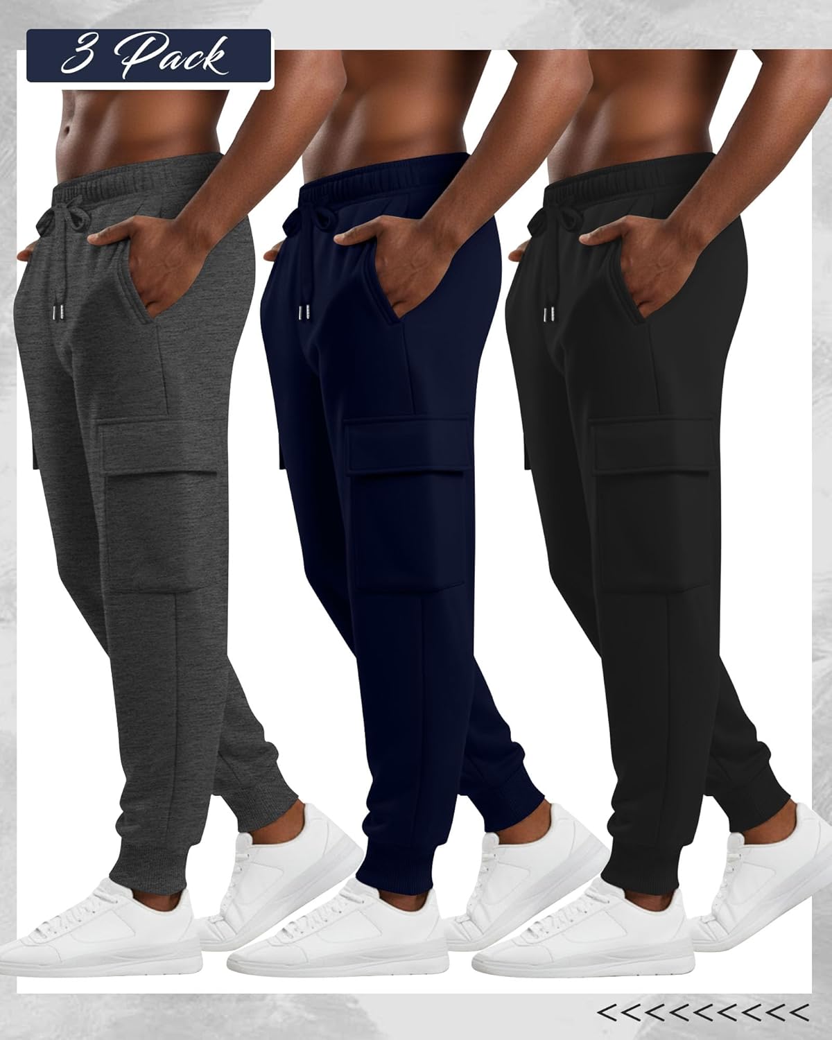 August Alley 3 Pack Men's Cargo Sweatpants Relaxed Fit Drawstring Elastic Waist Joggers Active Tapered Pants with Pockets - Image 2
