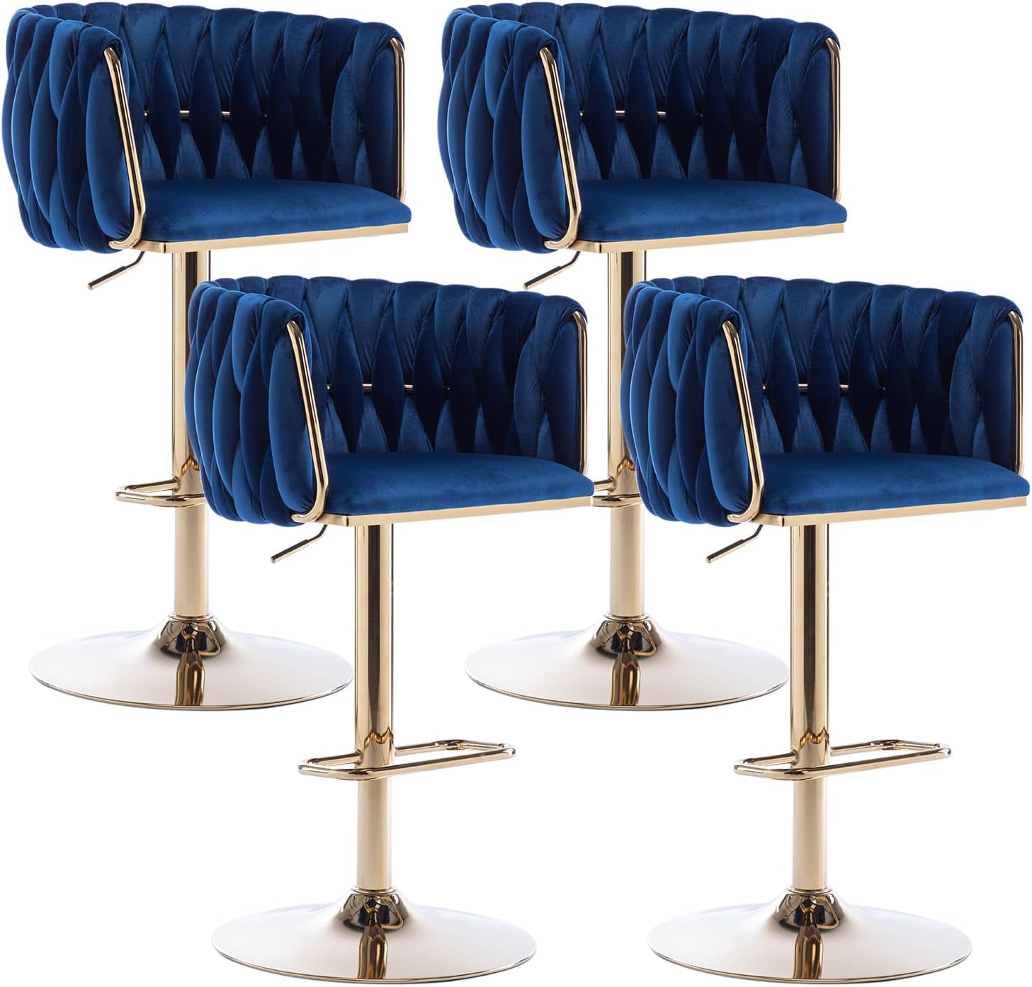 Velvet Bar Stools Set of 4 Swivel Counter Height Bar Stools with Woven Back and Footrest for Kitchen Island, Cafe, Pub (Blue)